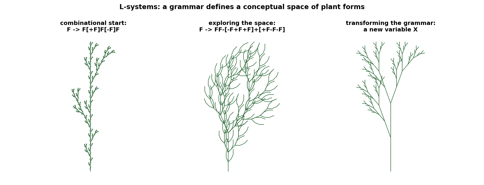 Plant forms generated by L-systems. Changing parameters explores the space defined by a grammar, while changing the grammar transforms it {cite:lindenmayer1968,boden2004}.